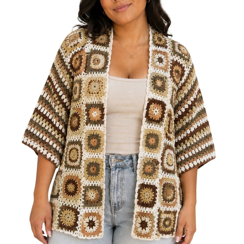 Bali Queen Boho Crochet Granny Square Cardigan Neutral Medium Large